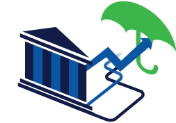 a bank with an umbrella and an upward arrow